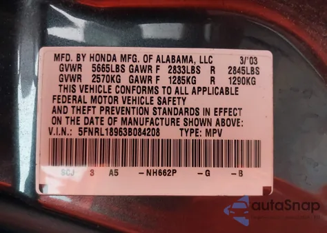 2003 Honda Odyssey Ex-L из США, поврежденный, VIN 5FNRL18963B084208